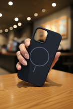 Dark Navy MagSafe Case — Cafe Hand Shot