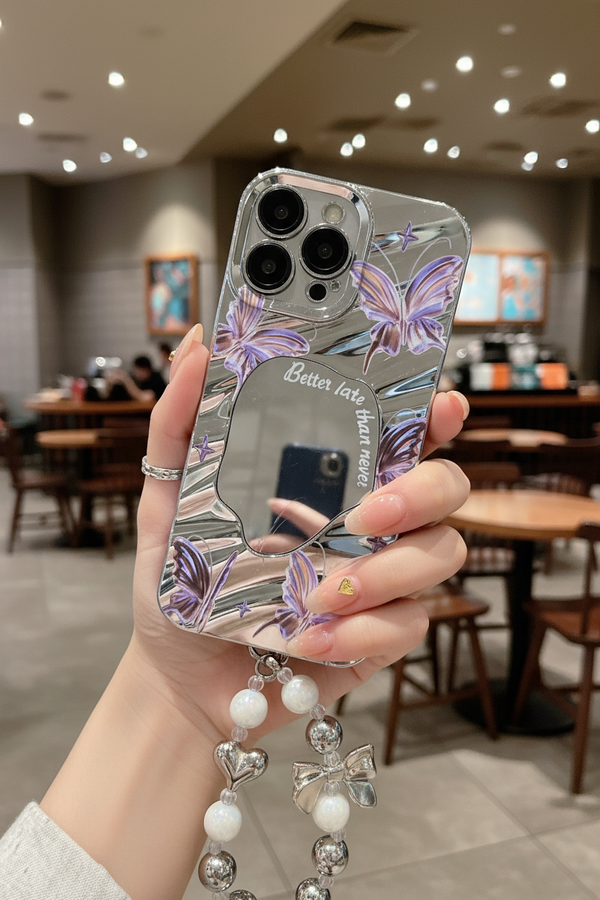 chrome butterfly printed mirror+charm case iphone