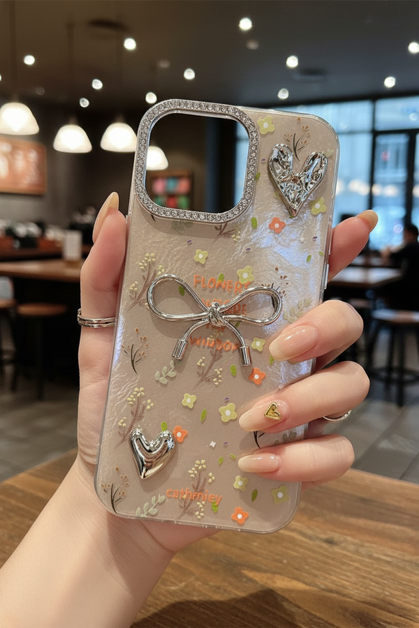 printed flower bow and hart case 16 pro max